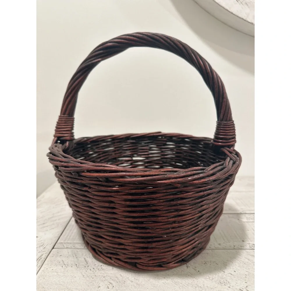 Dark Brown Woven Wicker Basket with Twisted Handle Round Decorative Storage